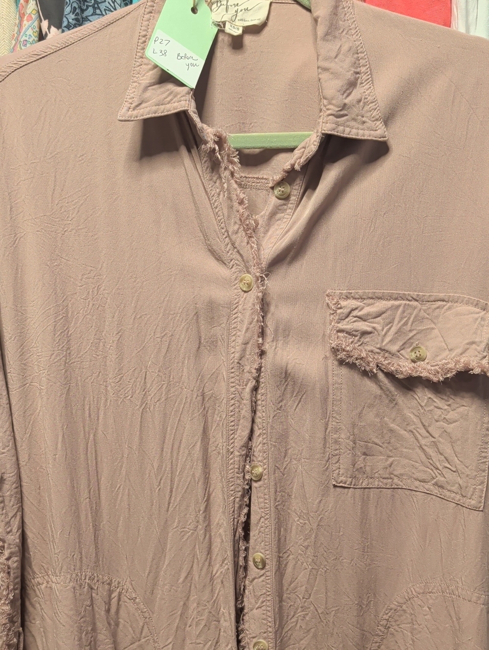 Before You Light Dusty Pink Button-Up Shirt with Frayed Trim